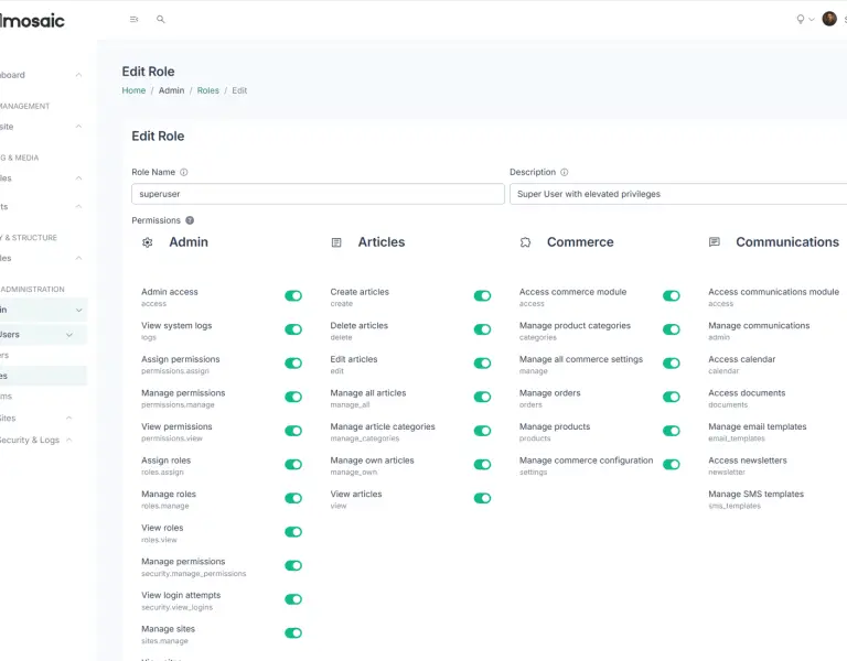 RealMosaic publishing and permissions screenshot